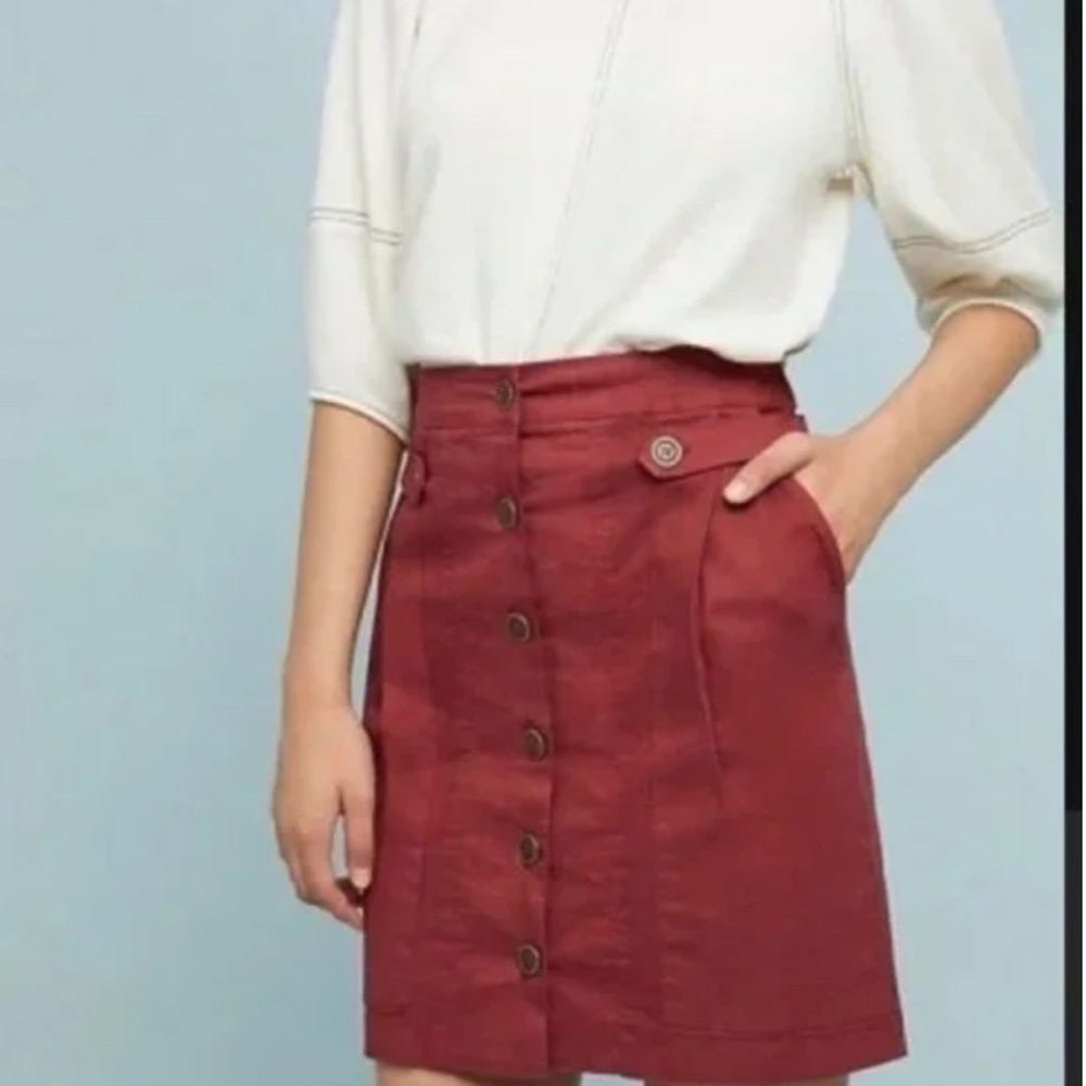 Anthropologie Amadi Red maroon terra cotta Button-Down Skirt small $190